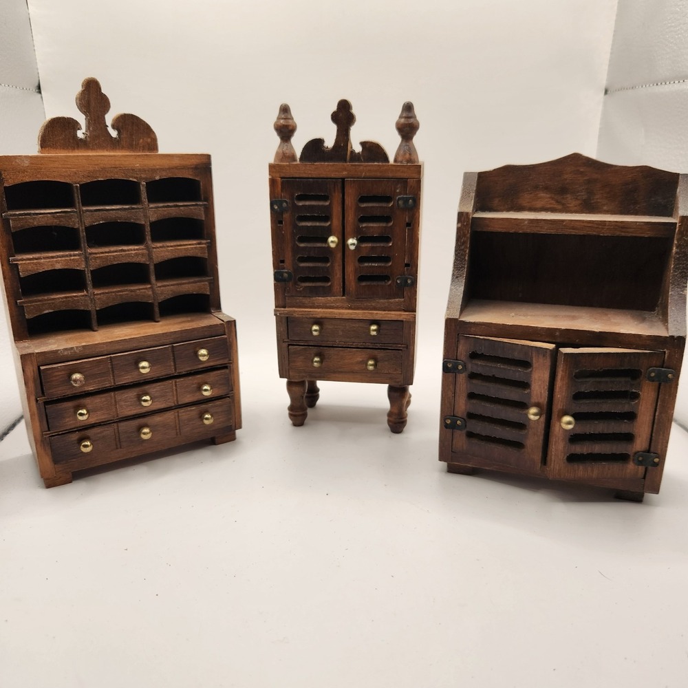 Vintage Miniature Wood Dollhouse Furniture 3 Lot Hutch Cabinet Desk 1:12 Taiwan